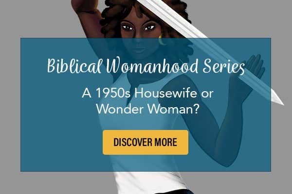Woman with a sword and words, "biblical womanhood series" to introduce a Bible study series on womanhood in the Bible.