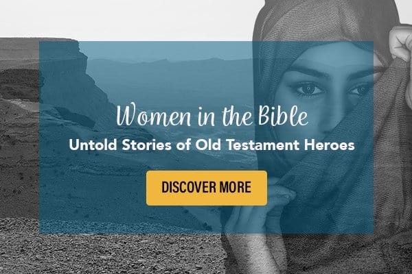 Una mujer de Oriente Medio en el desierto con las palabras "Mujeres en la Biblia, historias no contadas de héroes del Antiguo Testamento".