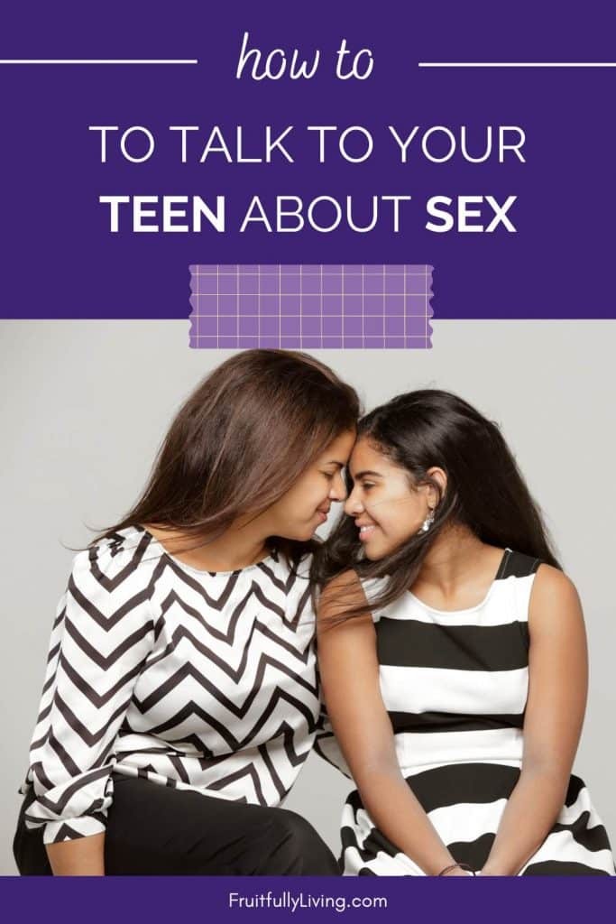 Mother and daughter interacting with text about them that says, "How to talk to your teen about sex"