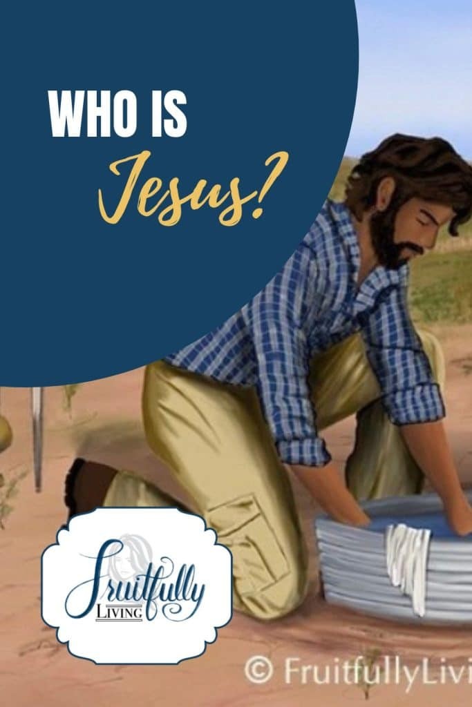 Words, "Who is Jesus" on a picture of a "modern" Jesus washing the feet of a disciple. 