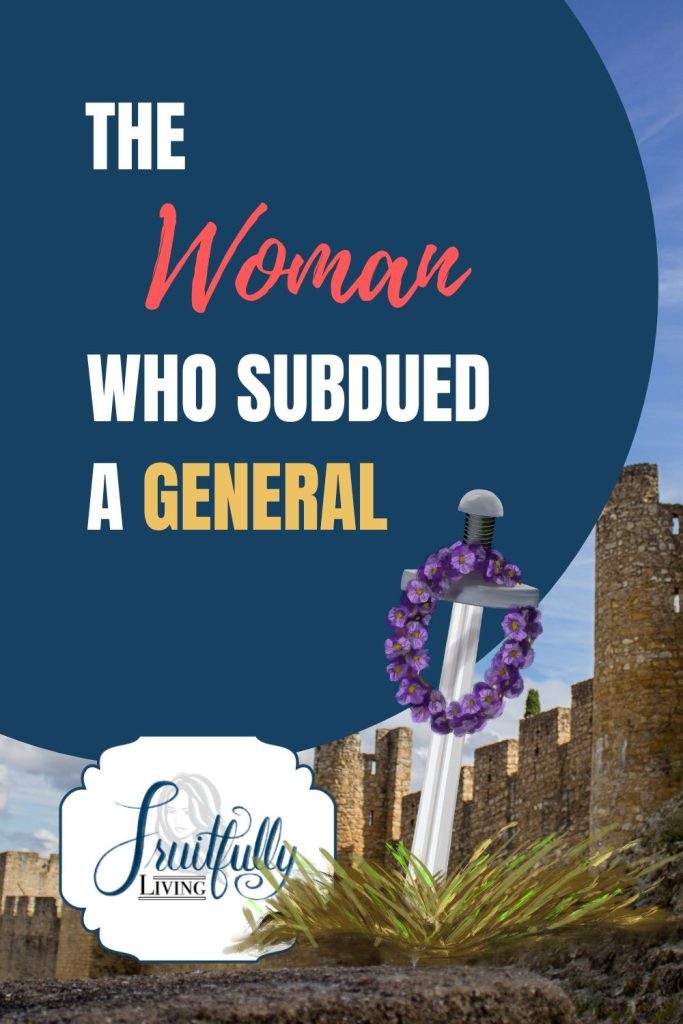 Image with blue background and a sword with wreath in front of a city wall with the words, "The woman who subdued a general," about the wise woman of Abel Beth-maacah